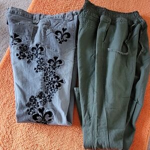 Canyon River Gray Jeans with Black Fleur-de-Lis and Olive Green Pants
